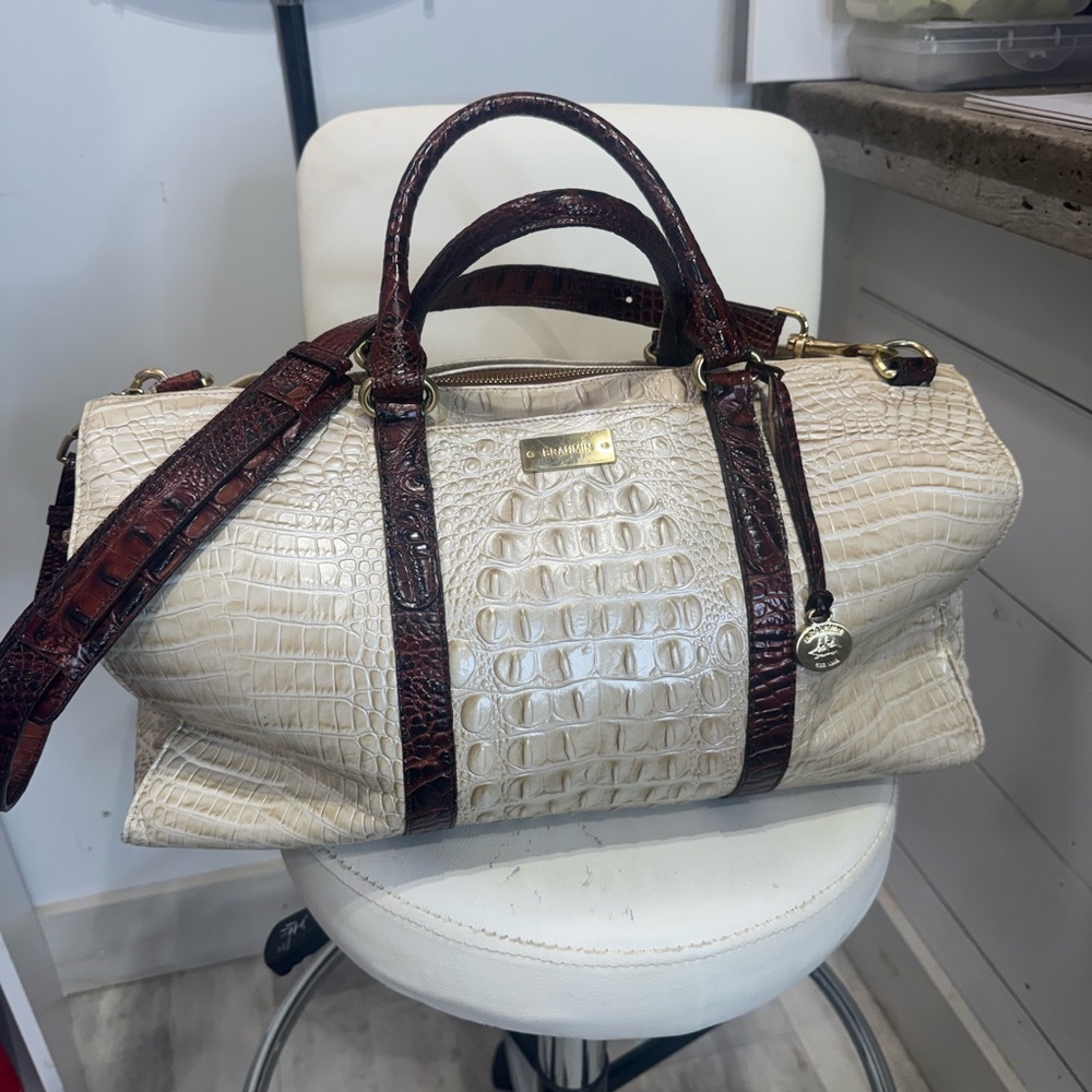 Ivory Croc-Embossed Satchel with Brown Trim